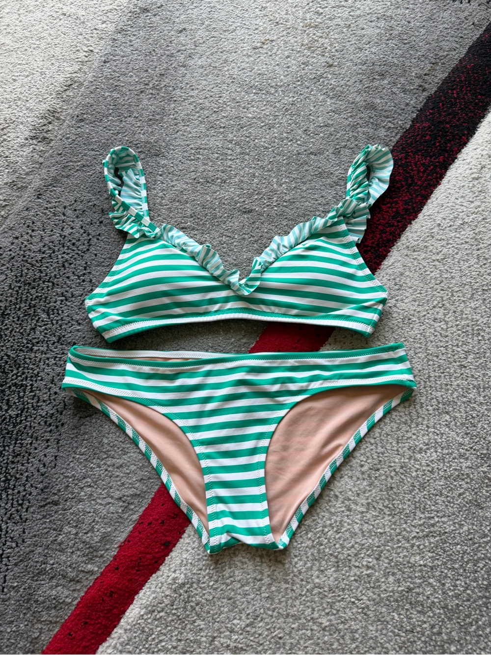 J.Crew Green And White Striped Ruffled Bikini Set